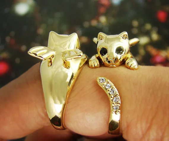 Angel Wing Kitty Cat Ring Crystals Adjustable Free...