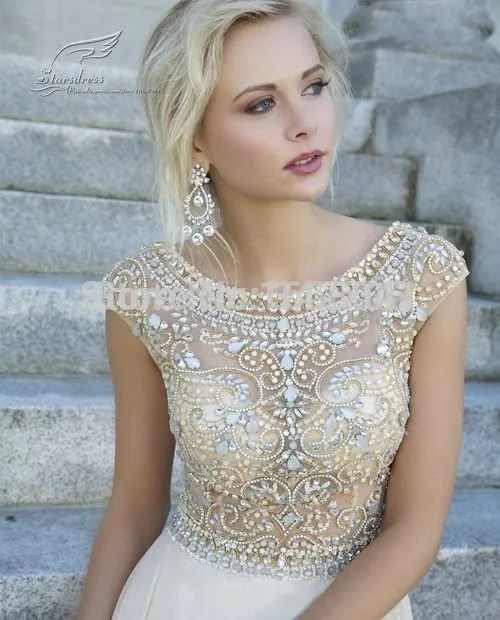 2015 Elegant Champagne A-Line Scoop Crystal Beaded...