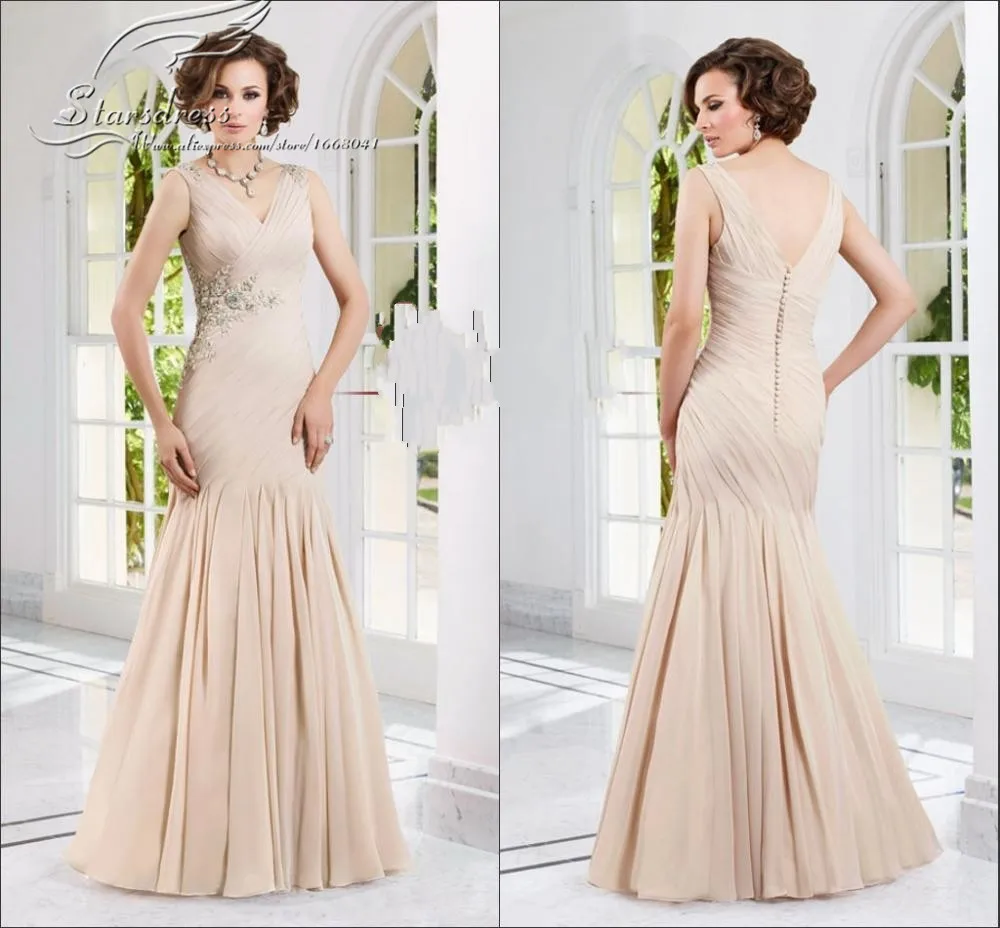 2015 Sexy Mermaid V-Neck-Pleated-Champagne-Chiffon...