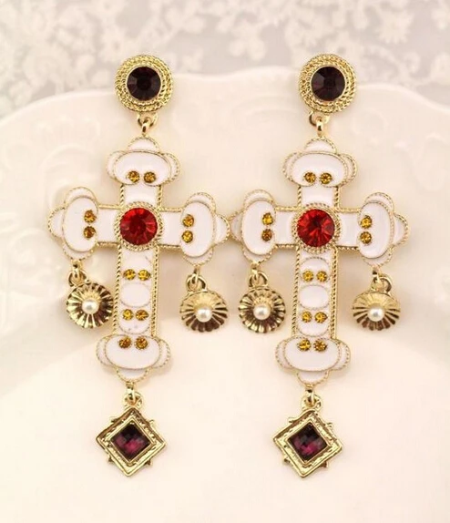 Rhinestone Flower White Enamel Cross Earrings 6Pai...