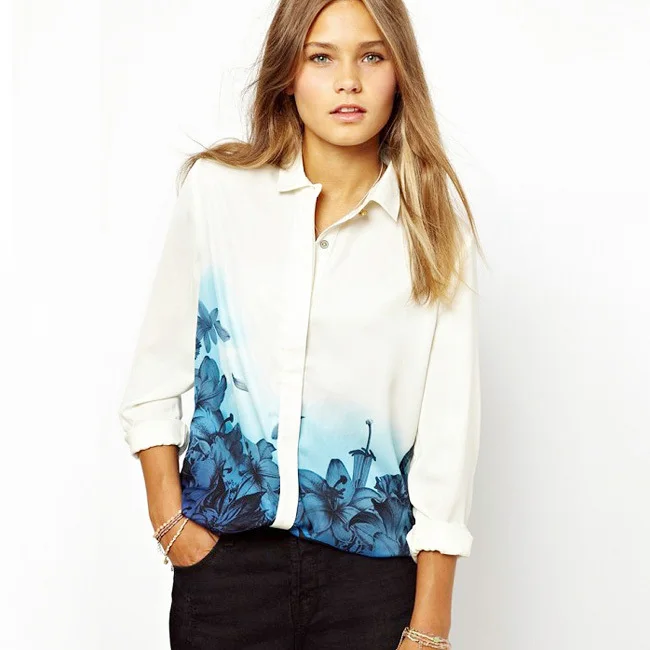Blue Flower Print White Blouse