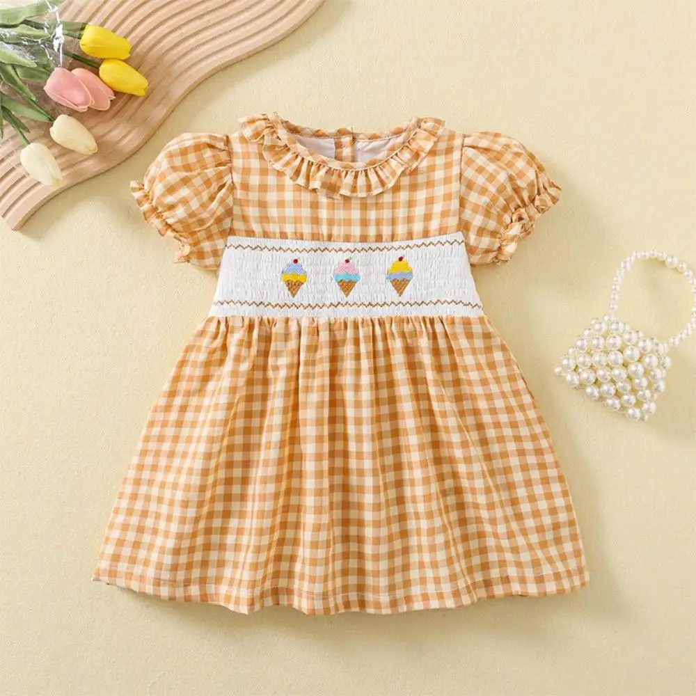 

Boutique Ruffle Skirt Tatting Linen Petticoat Baby Girl Clothes Smock Dress Sleeveless Ice Cream Embroidery Princess Bow Suit