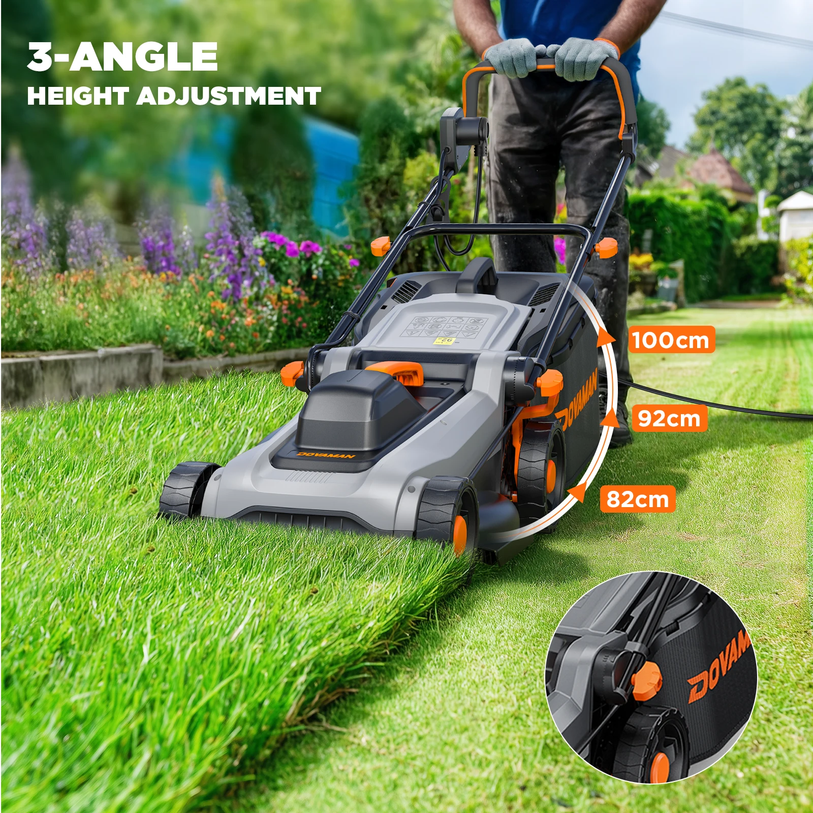 Tosaerba Elettrico DOVAMAN 1500W, Taglio 36cm, Raccolta 95%, 6 Impostazioni Altezza, Cesto Raccoglierba 40L, Funzione 2-in-1 Mulching e Raccolta - immagine 6