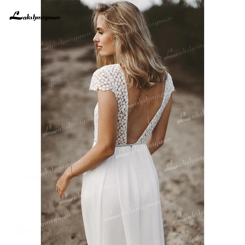 Boho Simple V-neck Sexy Backless Button Sashes Lace Jumpsuit Wedding Dress Chiffon Bridal Gown Short Cap Sleeve Vestido De Noiva