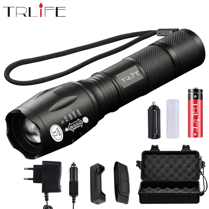 T6 Touch Light LED Tactical Flashlight Zoom-able Flashlights for Camping Night Ride and Adventure, Men's, Size: Large, Black