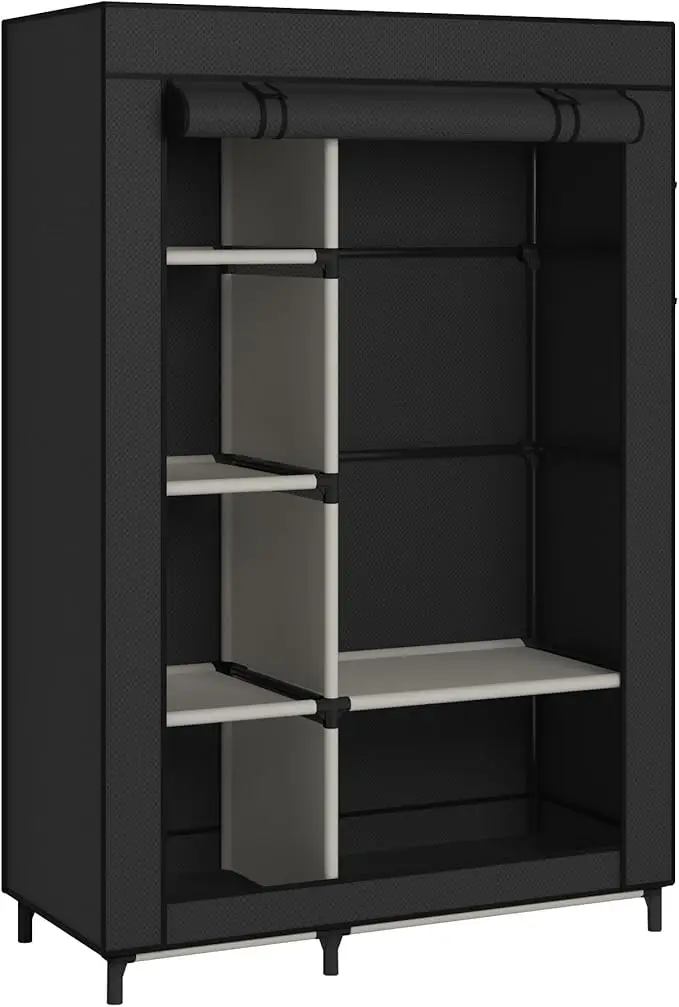 Portable Closet Organizer - 6 Shelves & Hanging Rod - Non-Woven Fabric Cover with 4 Side Pockets - Black - Compact Clothing 3