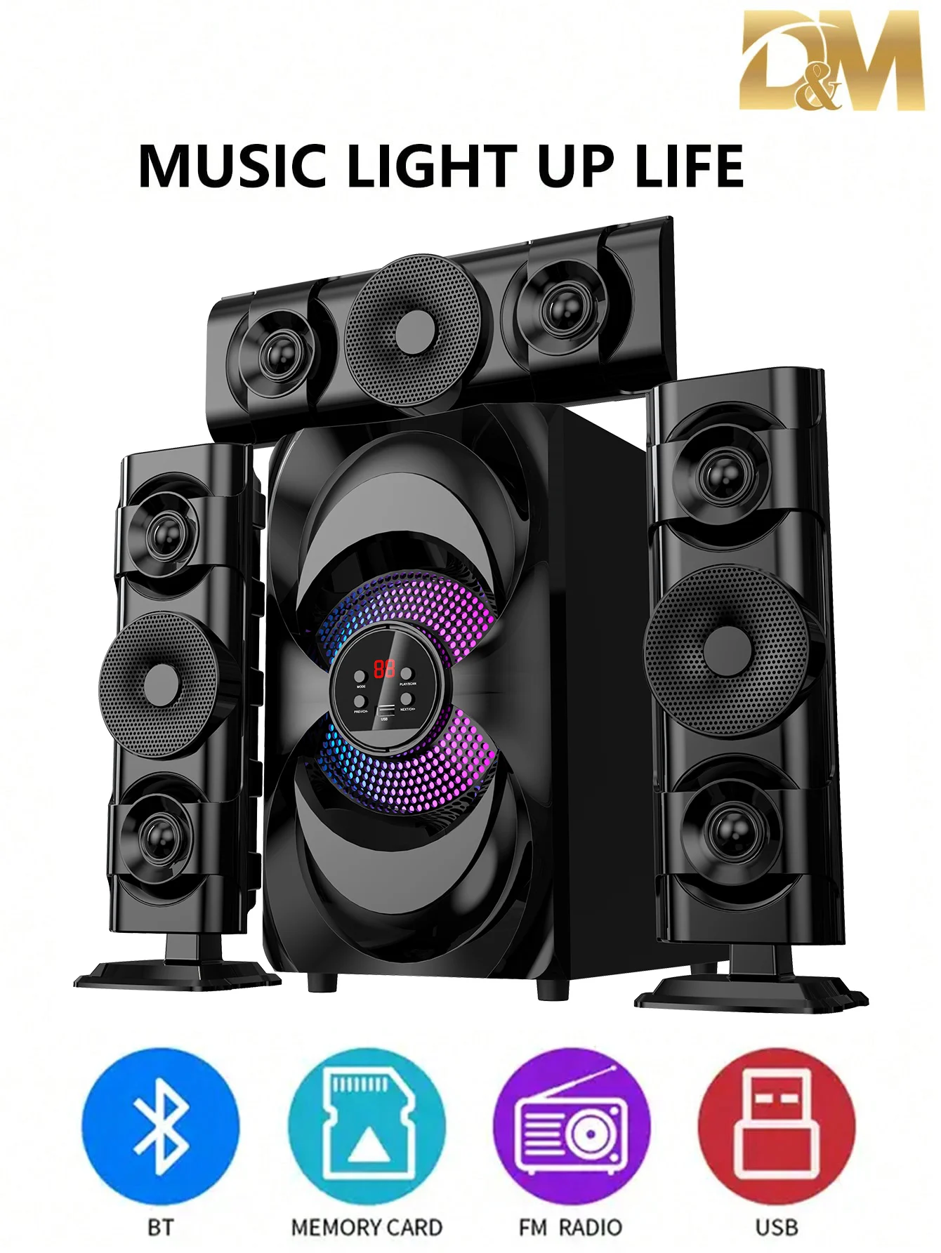DM-S4 3.1 Channel Multimedia Speakers, 60W Sound System with Subwoofer, Bluetooth, Fm, Usb/Sd, Remote Control, Rgb Led, Wired Sound System for Tv, Pc, Parties, Karaoke, Movies & Gaming.