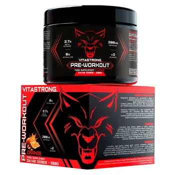 Pre-Workout Potente 300g - Suplemento Vegano con L-Citrullina, Beta-Alanina, Cafeína, Taurina, AstraGin, Panax Notoginseng, Vitastrong (24 Porciones, Sabor Naranja) - Hecho en Italia, Para Hombre y Mujer