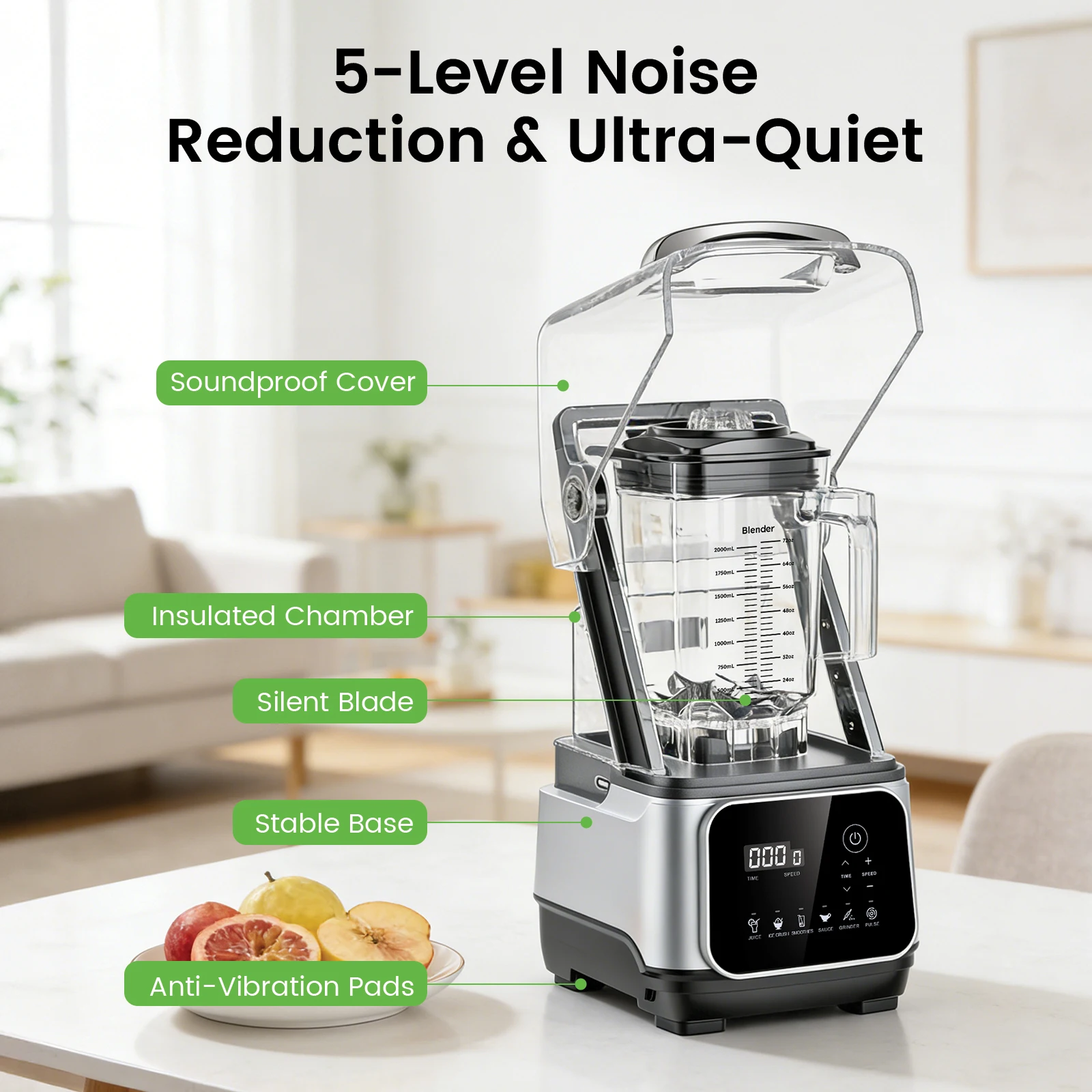 68oz Commercial Blender with Quiet Shield 2200W 6 in 1 Countertop Food Processor Easy Cleaning, for Juice, Ice Shakes, Smoothies 5