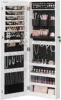 Wall-mounted jewelry armoire with mirror. Includes 2 trays, lockable white design. 1