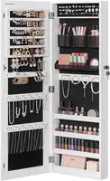Wall-mounted jewelry armoire with mirror. Includes 2 trays, lockable white design. 1
