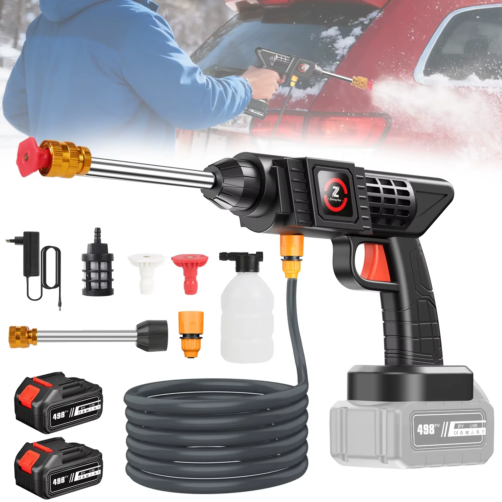 Kabellose Hochdruck-Autowaschpistole mit 2 Akkus für Auto, Terrasse, Fenster, Rasen und Pool, Hochleistungs-Lithium-Akku – Detail 1