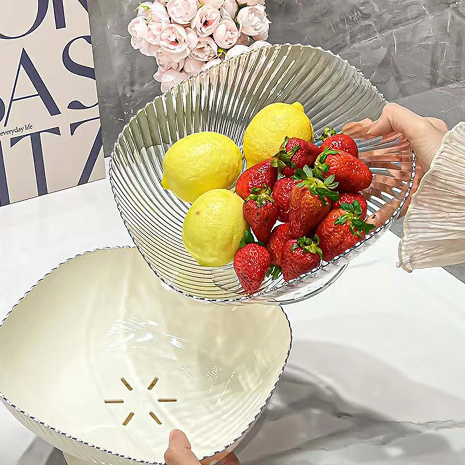 Fruit Bowl with Drainer Vegetable Strainer Basket Durable Round Decorative Multipurpose Container Large for Table Centerpiece snack bowl