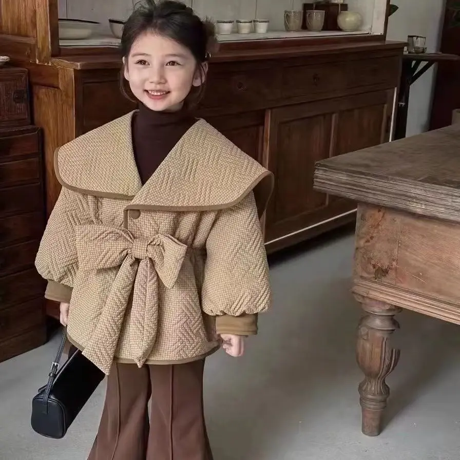 Fashion Baby Girl Princess Cotton Padded Jacket Spring Autumn Winter Child Bow Coat Waist Outwear Solid Color Baby Clothes 1-8Y