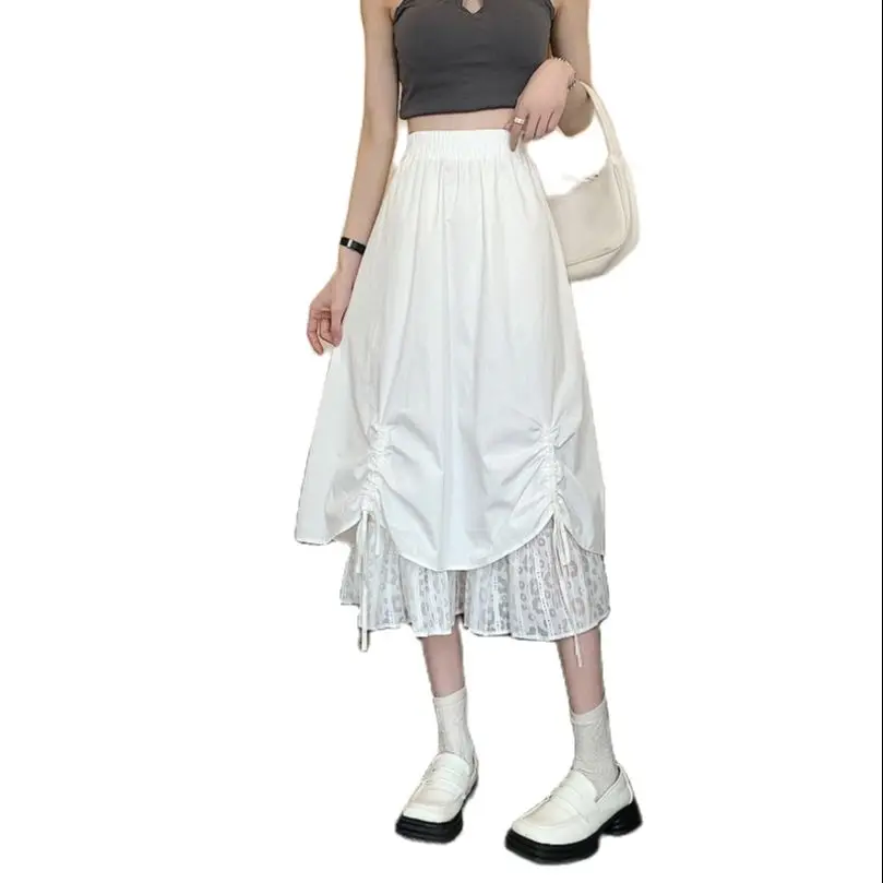 

female skirt split high-waisted drawcord tiered frill asymmetry switching lace