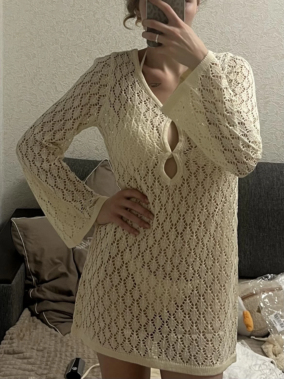 V-Neck Hollow Knit Mini Dress with Patchwork Detail photo review