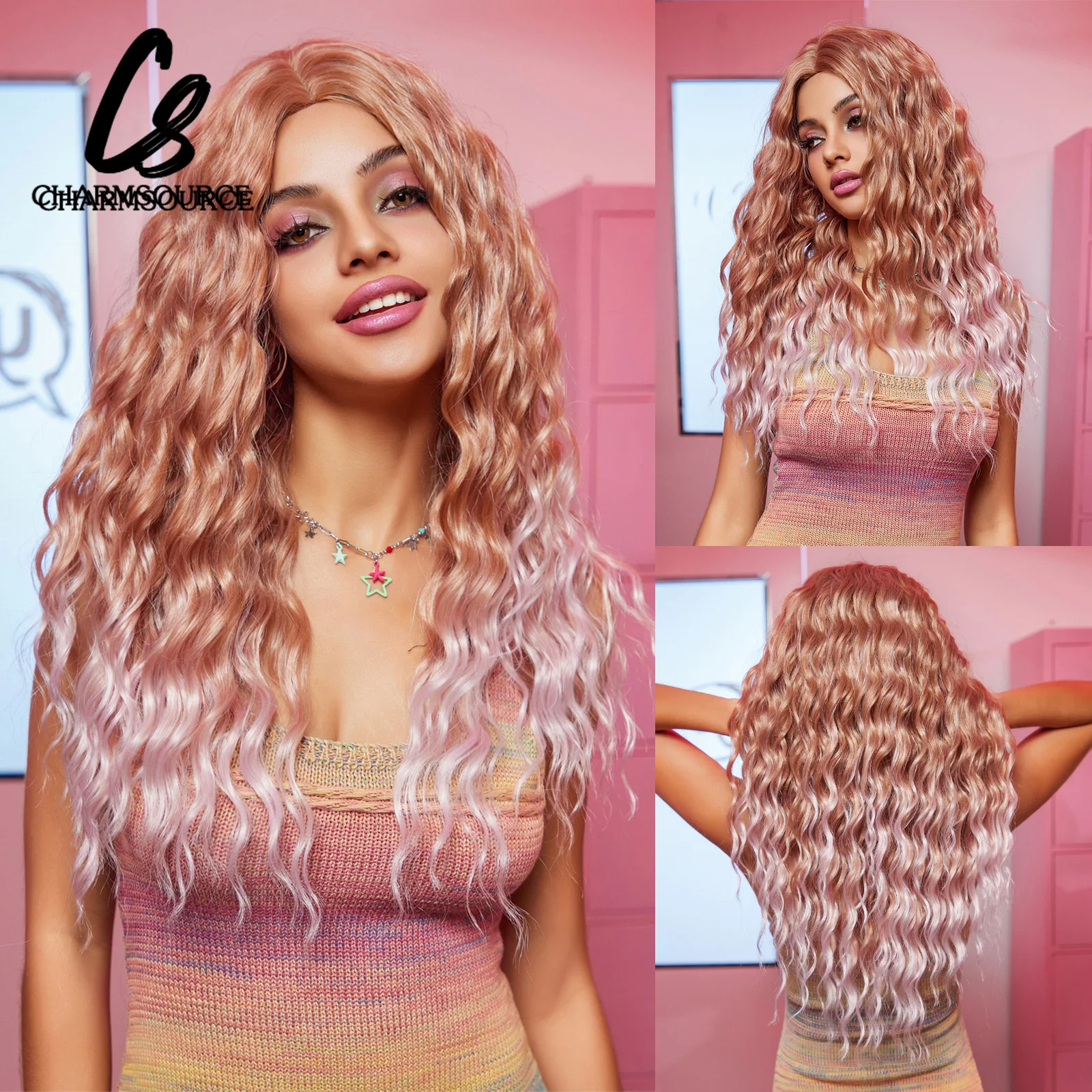 

CharmSource Barbie Long Ombre Brown Pink Wigs Curly Wavy Synthetic Hair Wig Women Daily Party Heat Resistant Fibers