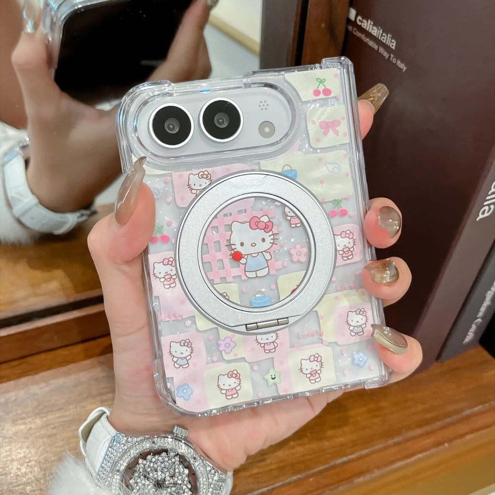 Charming Kawaii Cartoon Kitten Magnetic Phone Case - Fashionable Foldable Anti-Fall Protective Cover with MagSafe Holder