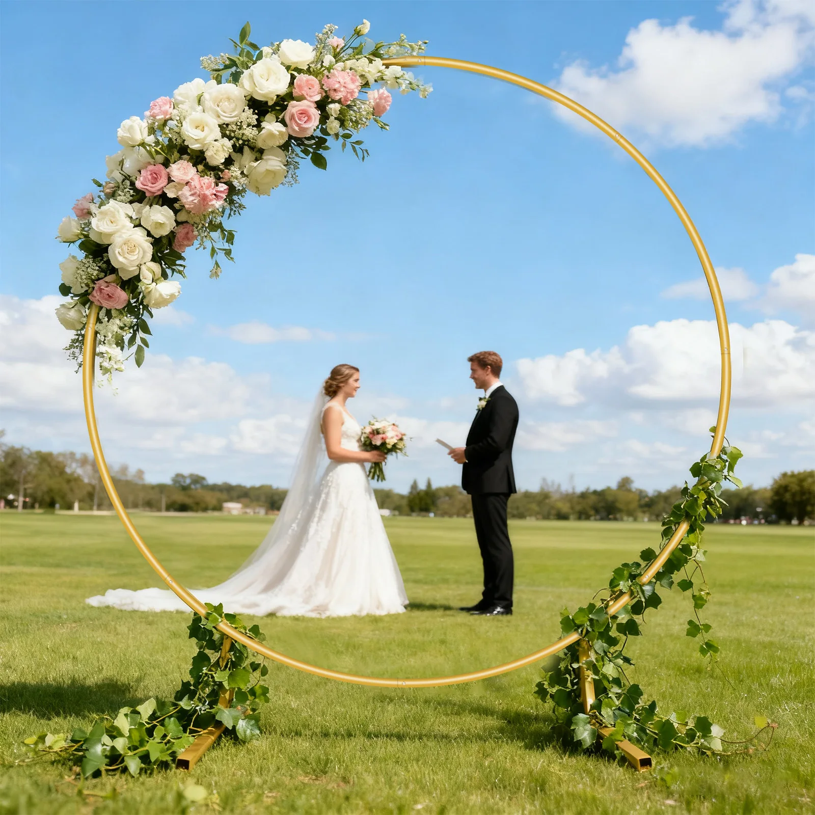 2M Runder Metall-Hochzeitsbogen Blumen-Ballonständer Dekorativer Ständer Basis für Pflanzen LED-Lichter Tüll-Girlanden Hintergrund DIY-Bogen – Detail 1