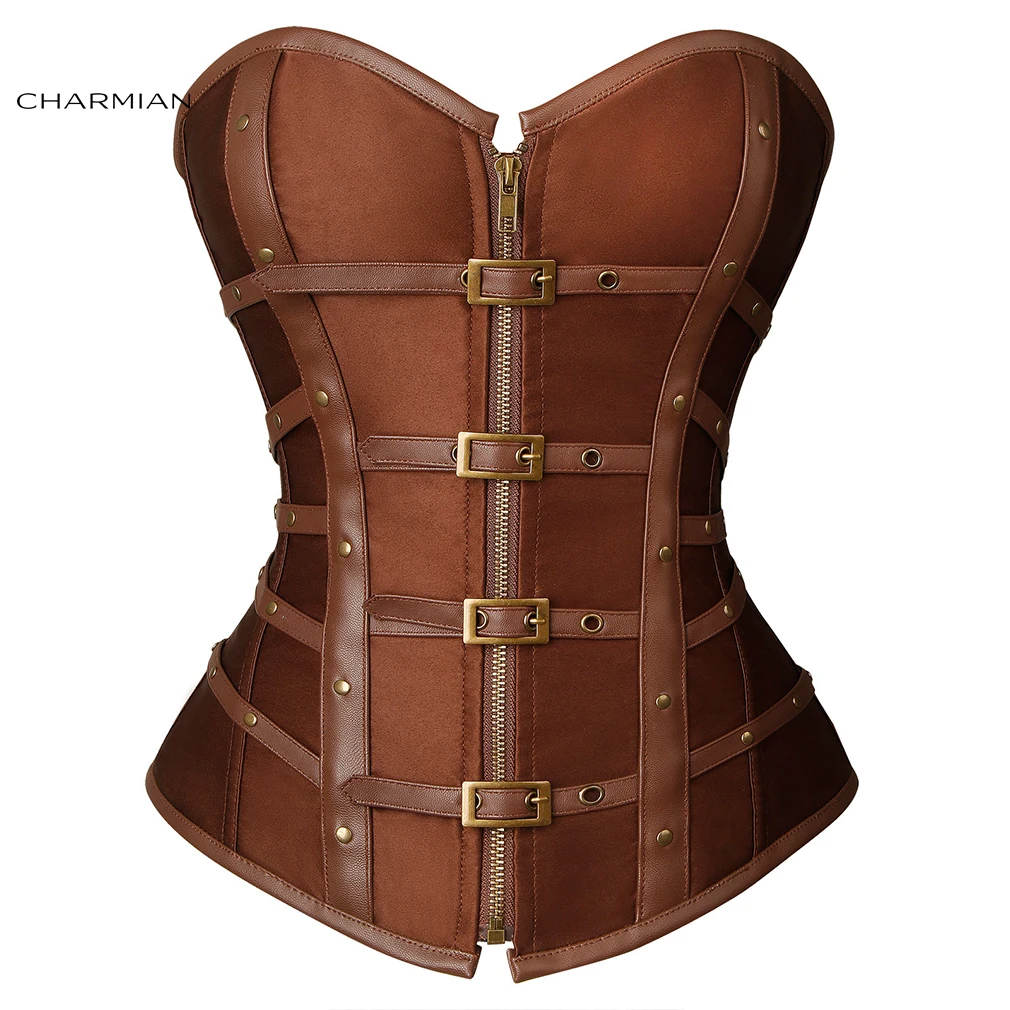 Charmian Steampunk Leather Corset Top Women Sexy Gothic Satin Boned Rivet Buckle Zipper Overbust Corset Bustier Plus Size Goth