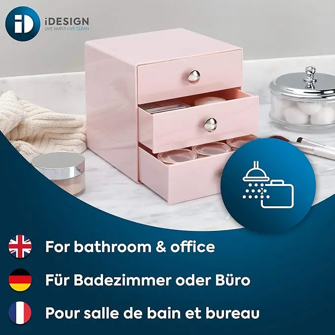 Compact 3-drawer plastic organizer, 6.5" x 6.5" x 6.5", pink. Perfect for storing jewelry, cosmetics 5