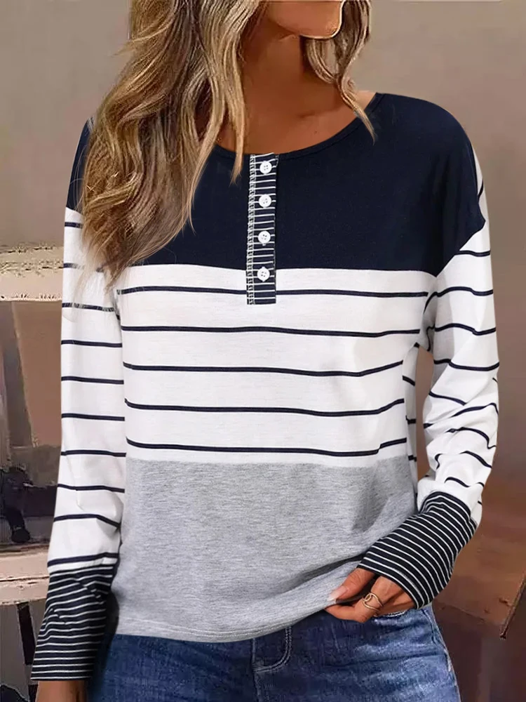 

Women Long Sleeve Top Casual Blouses Dressy Tunic Shirts V Neck Color Block Striped Button Office Wear Fall Winter Korean y2k