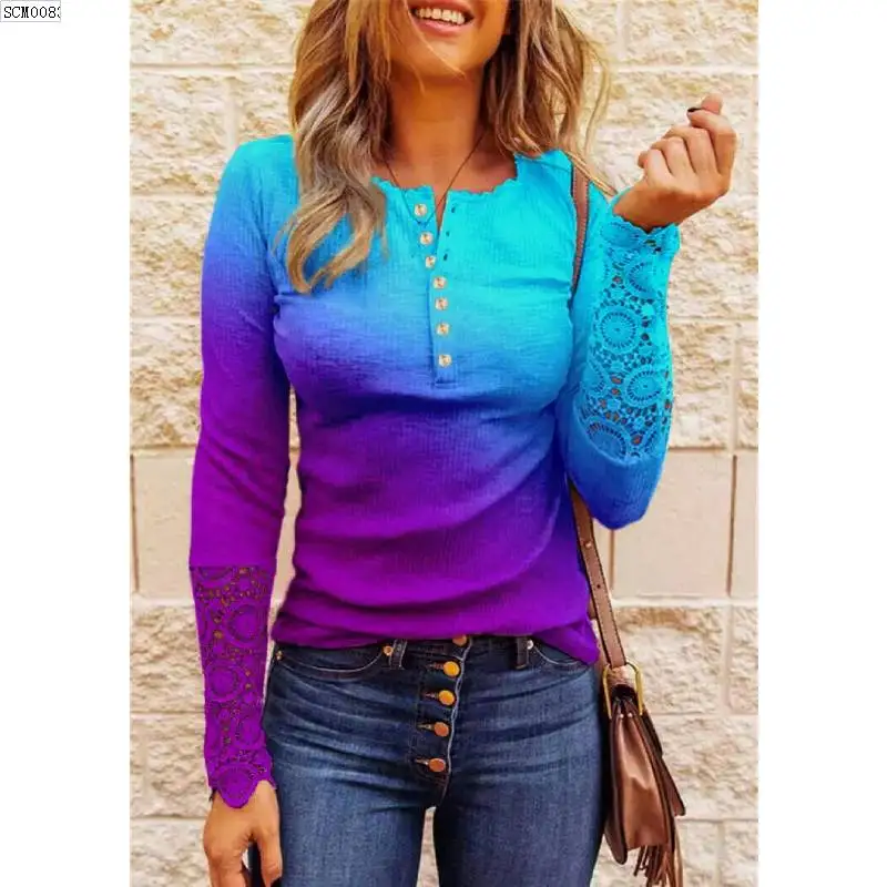 

Gradient Long Sleeve Top Women Sexy Lace Hollow Out T-shirts V Neck Blouse Casual Color Block Button Down Henley Shirts Tops