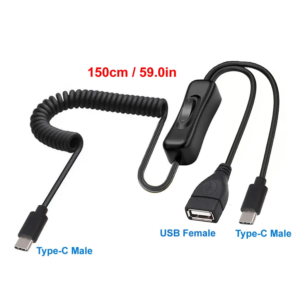 USB Type C Spring Telescopic Charging Cable with On/Off Switch - Extension Cord with Double USB Splitter