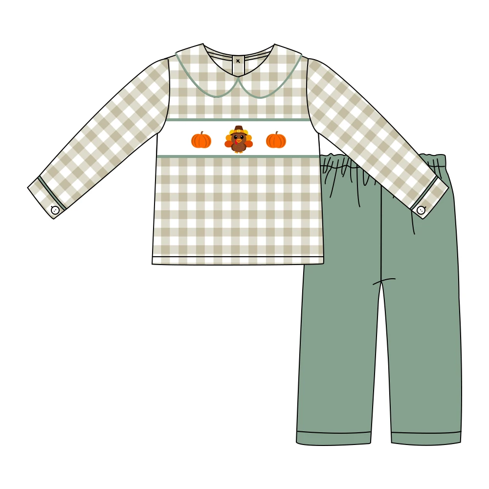 

2022 Thanksgiving T-Shirts Set Clothes For Baby Boys Fashion Turkey Pumpkin Long Sleeve Top Matching Green Pants For 1-8T Kids