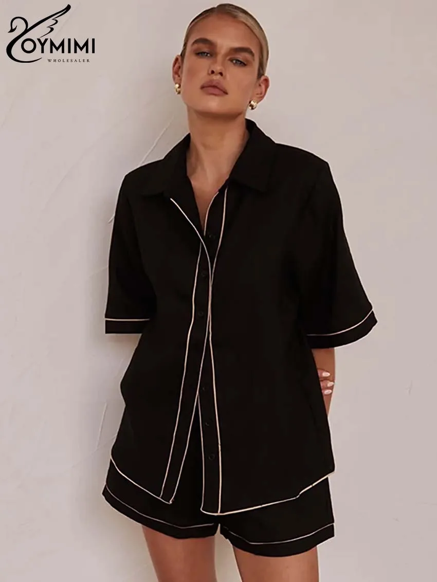 Oymimi Casual Black Cotton 2 Piece Sets Women Outfit Elegant Long Sleeve Lapel Buttton Shirts And High Waist Shorts Female Sets