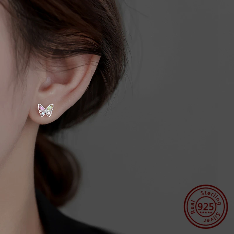 New S925 Sterling Silver Butterfly Small Light Stud Earrings for Women Luxury Christmas Jewelry with Niche Design Ins Style Gift