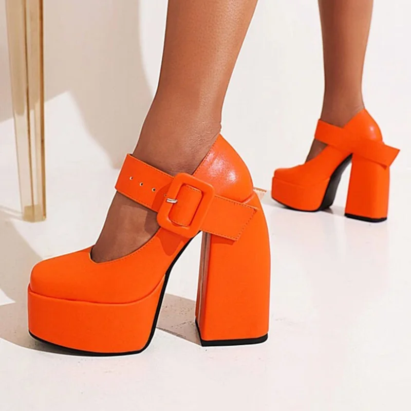 

Square Toe Buckle Strap Chunky Heels Pumps Orange Matte Leather Mary Janes Square Heels Shoes 14CM Platform Dress Shoes