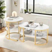 Ensemble de 2 tables basses Superaly, table ronde pour canapé, table d'appoint avec espace de rangement et structure en métal, pour chambre ou balcon, doré 3