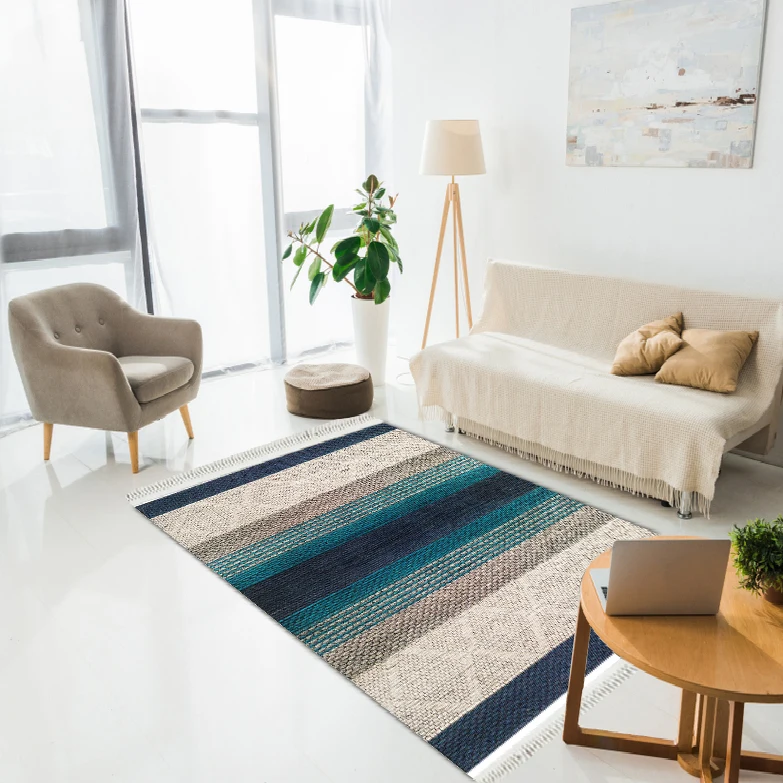 

Modern Decorative Striped Patterned Blue & Beige color Printed Dried Carpet/Bedroom and Home Decoration Gift