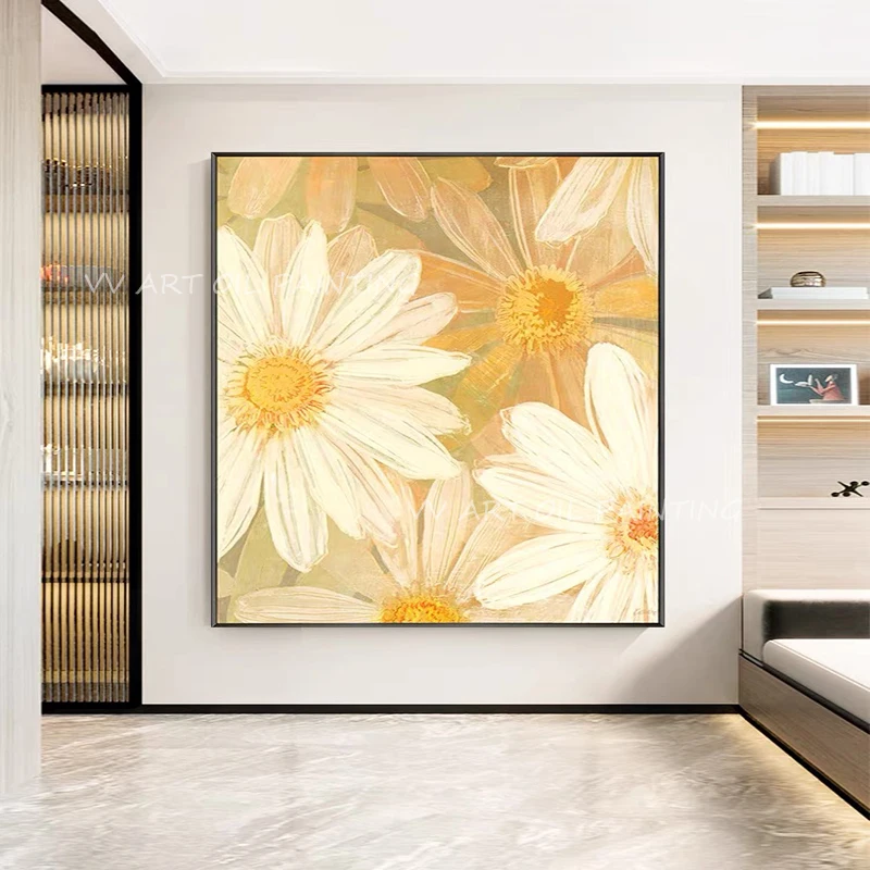 

Handmade White Flower Orange Canvas Oil Painting Landscape Wall Art Picture for Living Room Home Decoration Gift