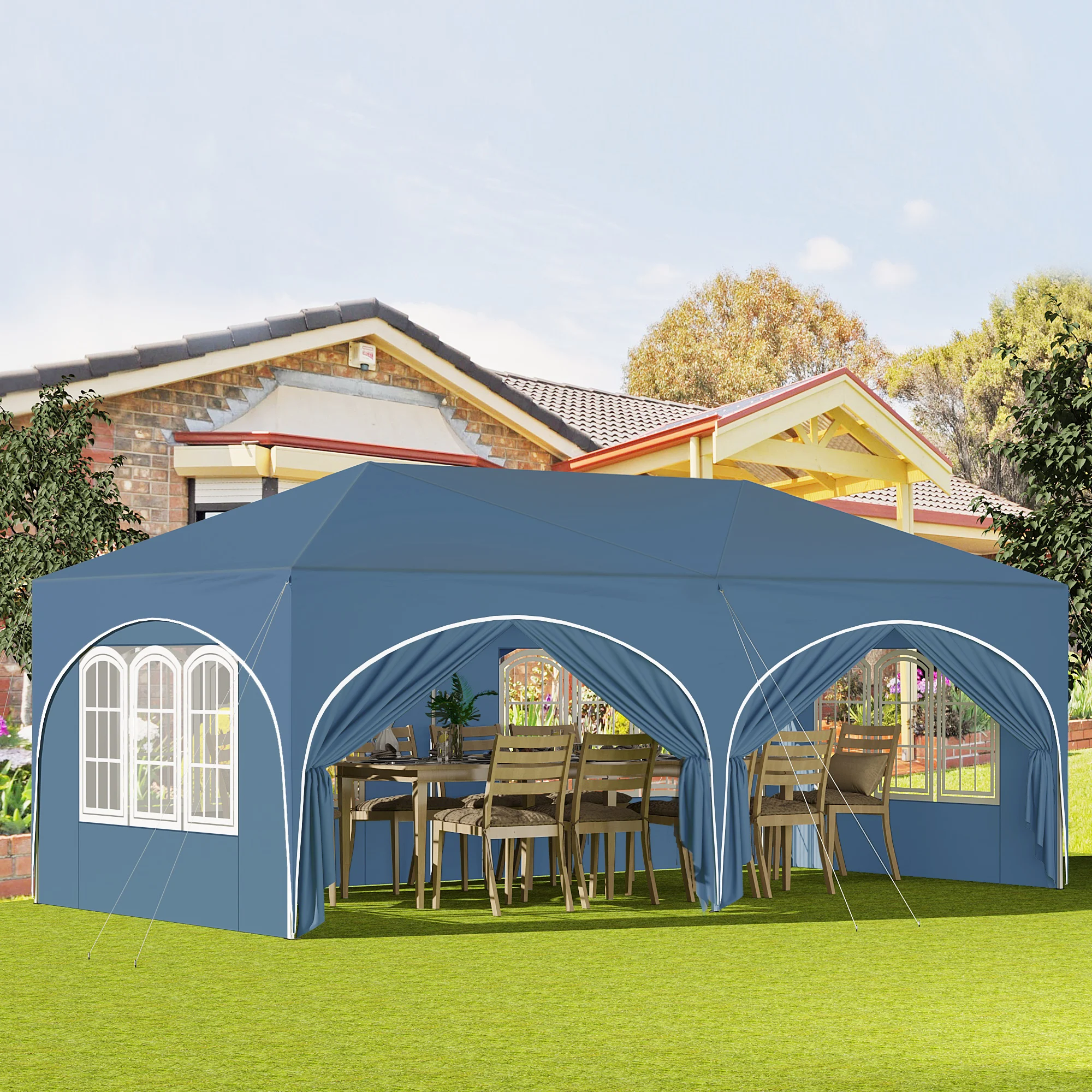 Gazebo per padiglione pieghevole regolabile in altezza 3x6 m con 6 pareti laterali Tenda da festa con protezione UV impermeabile con borsa per il trasporto per picnic 5
