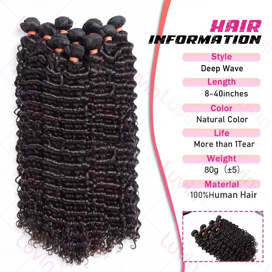 Luvin 30 32 36 40 Inch Deep Wave Human Hair Bundles Brazilian Remy Unprocessed Weaving Curly Hair Bundles Weave Extensions Deals 3