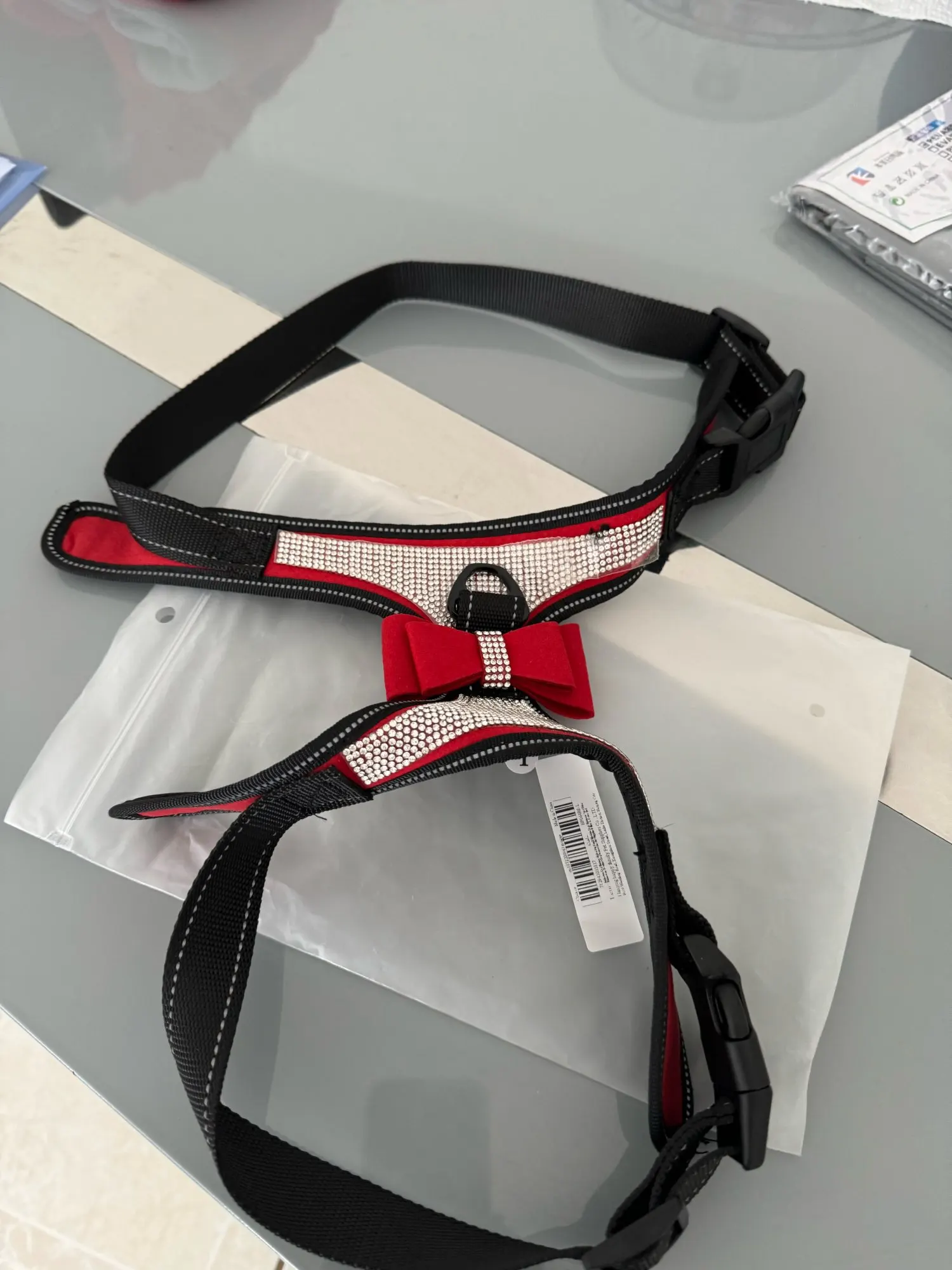 "Sparkle & Safety: Reflective Rhinestone Dog Harness with Bowknot photo review