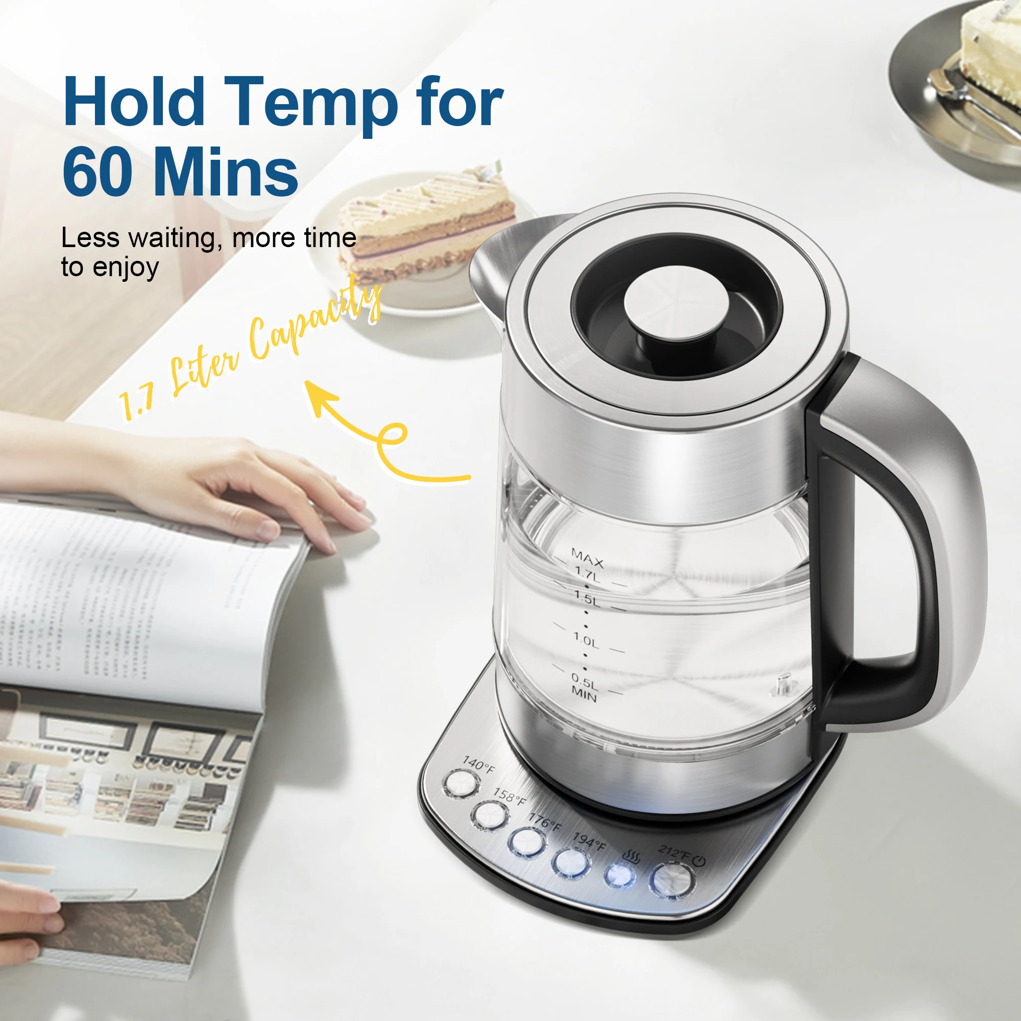 Electric Tea Kettle - CACHOO 1.7L Glass Electric Kettle Temperature Control with 5 Presets, 1-Hr Keep Warm 3
