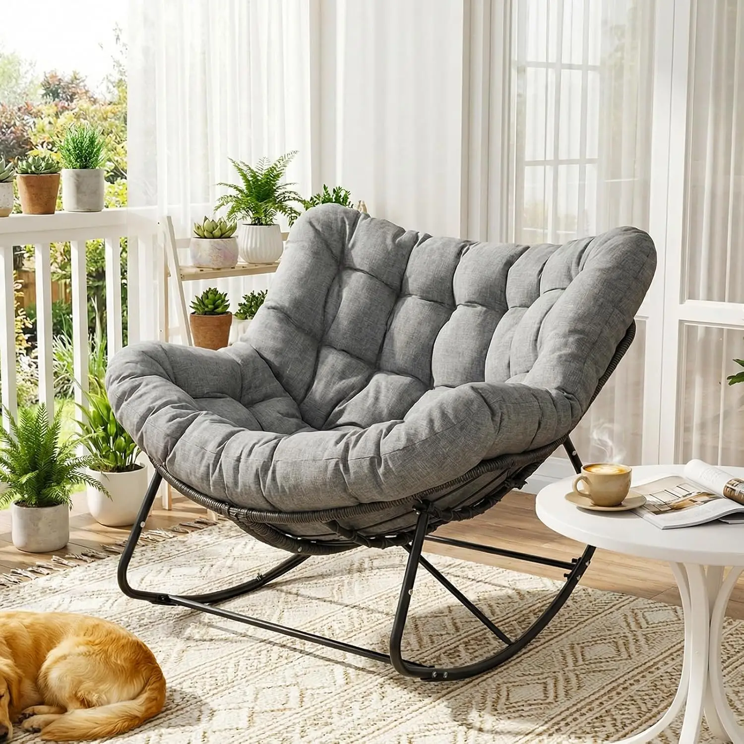 Schaukelstuhl Rattan,Schaukelsessel Oversized,Relaxsessel,Ei-Schaukelstuhl,Loungesessel mit dickem Abnehmbar Polster & Metallrahmen,Belastung von 150kg,für Garten Balkon Wohnzimmer – Detail 7