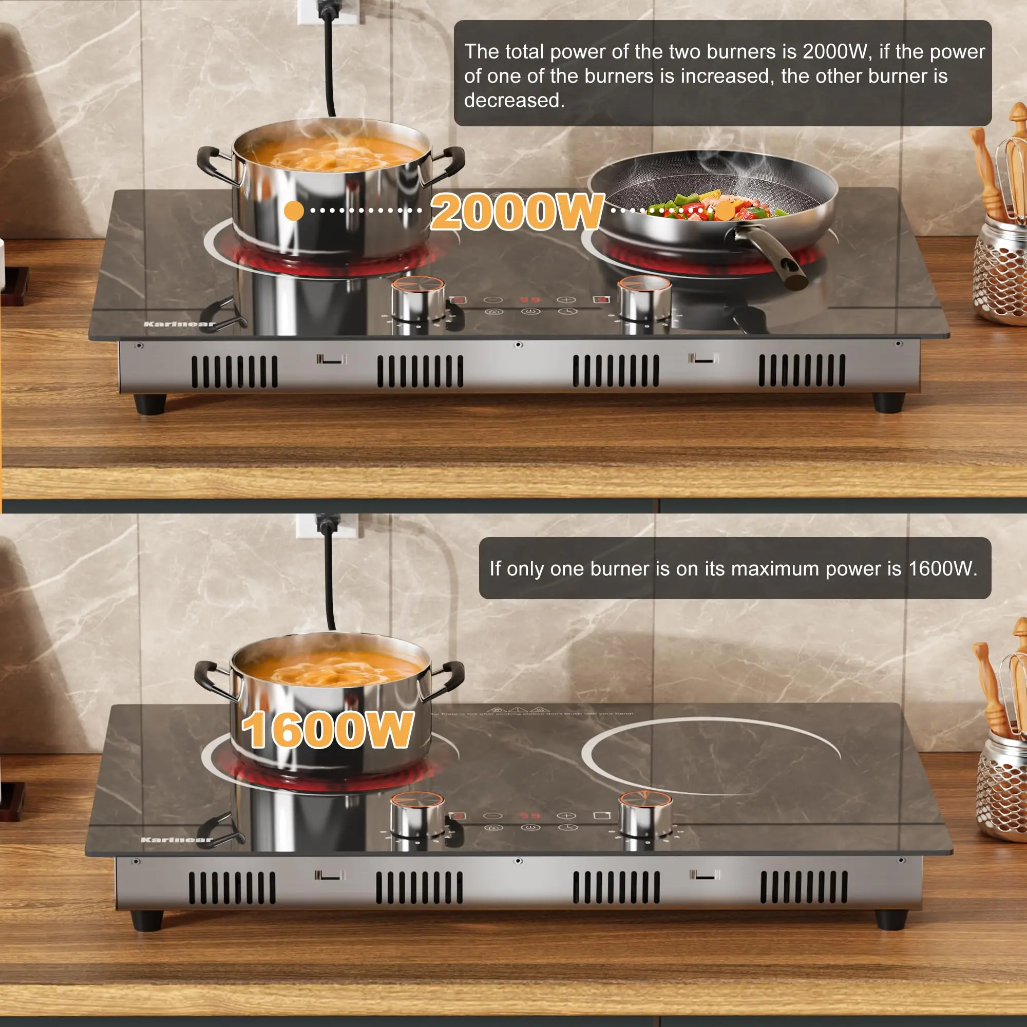 Karinear Electric Cooktop 2 Burner, 110V Electri Stove Top, 2000W Knob Control & Sensor Touch Electric Hot Plate for Countertop or Built-in Install, Timer, Safety Lock, 9 Power Level, 24 Inch 4
