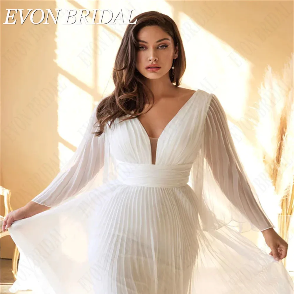 EVON BRIDAL Plus Size Wedding Dress For Big Women 2024 New Chiffon Long Sleeves A-Line Pleat  Bride Dresses Vestido De Noiva 2