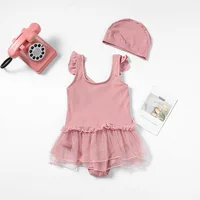One Piece Style Kids Girl Swimwear Hat Set Fashion Sweet Solid Color Bow Swimsuit for Little Girl Summer Soft Baby Swimwear 3