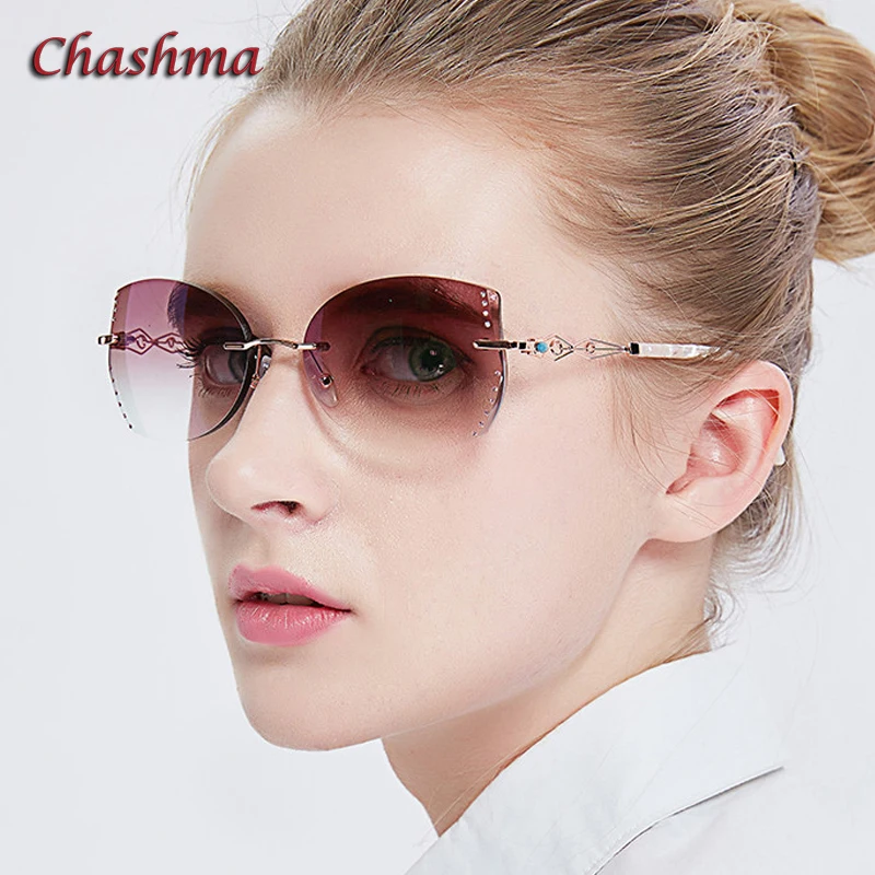 

Chashma Brand Women Cat Eye Rimless Tint Lenses Sunglasses Titanium Eyewear Female Fashion Diamond Crystal Trimmed Glasses Frame