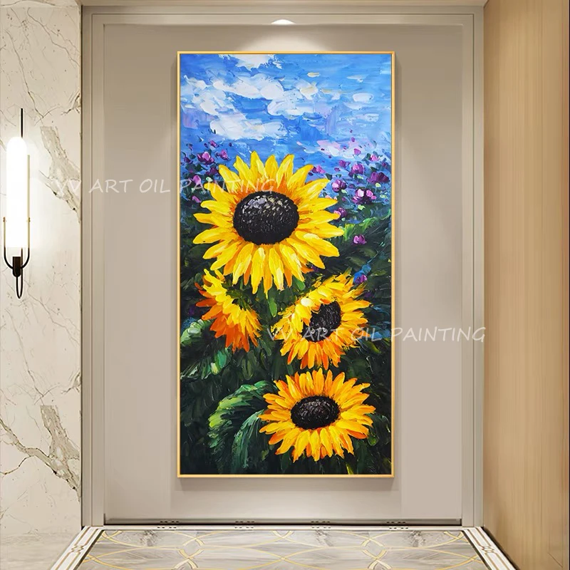 

Sunflower handmade landscape green artwork Abstract oil painting modern porch aisle artwork picture for living room decoration