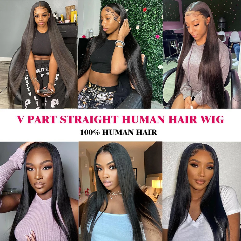 250 Density Straight V Part Wig 100% Human Hair For Women 30 34 Inch Cheap Brazilian No Glue Straight Wigs On Clearance Sale 5