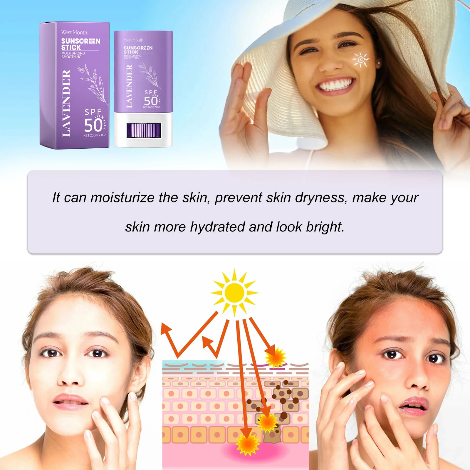 Sun Stick Spf 50 UV Protection Oil-Control Firming Skin Hydrating Anti Oxidant Lightweight Isolation Cream Sunscreen Cream Stick
