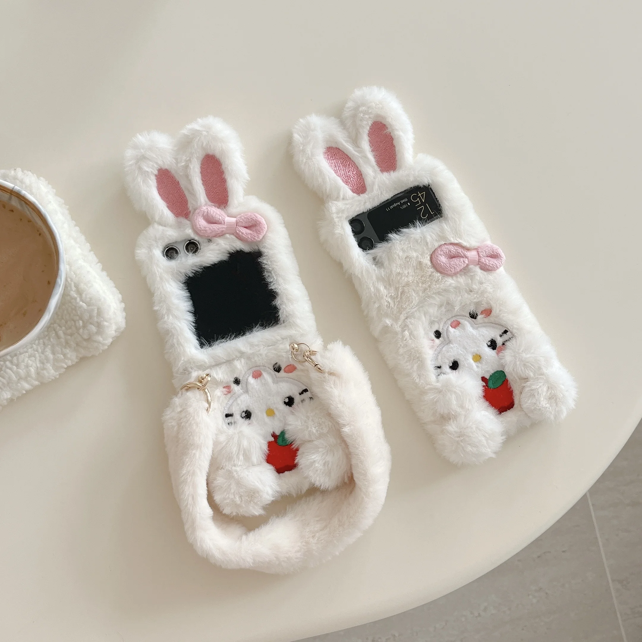 Charming White Rabbit Plush 3D Bow Phone Case with Wrist Strap and Anti-Drop Protection