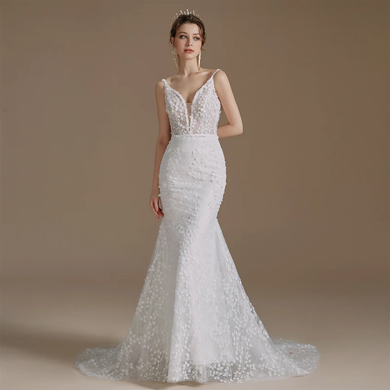 QW01295 Appliques Flower Boho Wedding Dress Scalloped Civil Bride Spaghetti Straps Dress Backless Romantic Wedding Dress عروس 4