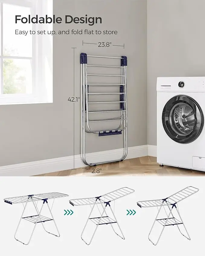 Foldable Clothes Drying Rack - Includes Sock Clips, 2 Height-Adjustable Gullwings, Silver and Blue Design, Perfect for Indoor or 4